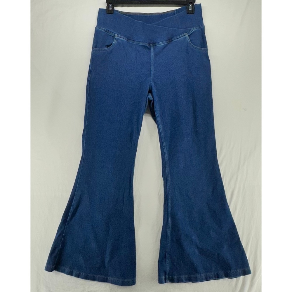 Halara Women XL Petite Crossover Waist Flare Leg Denim Look Pull On Pants Blue
